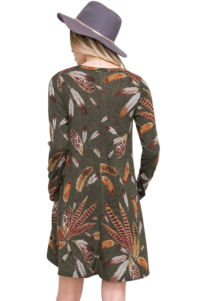 BY220210-9 Olive Feather Graphic Pocket Tunic Dress